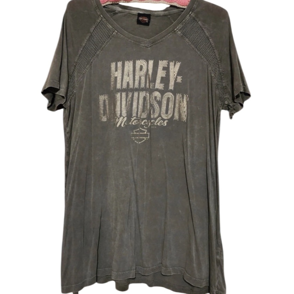Harley-Davidson Women Gray V-Neck metallic Mesh Shoulder Graphic Tee XL